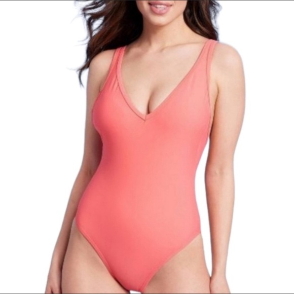 Kona Sol Coral Pink V-neck One Piece Swimsuit - Picture 1 of 9